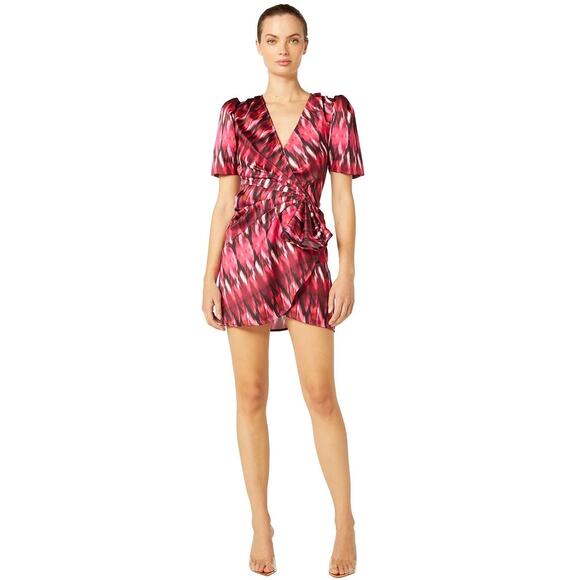 MISA Los Angeles Amina Wrap Chic Satin Ruffle Fuchsia Dress NWT XS $357 - Picture 7 of 7